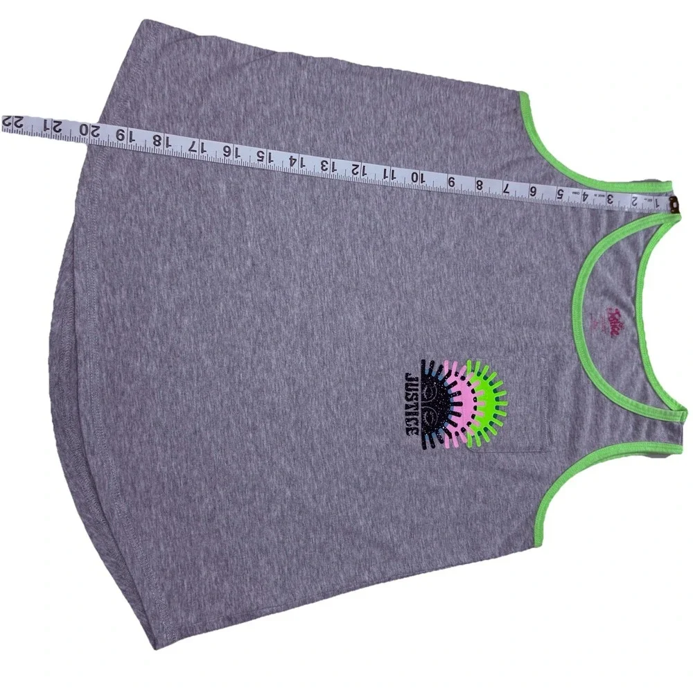 Justice Girls Grey Tank Top Neon Green Trim Graphic Pocket Size L 12/14